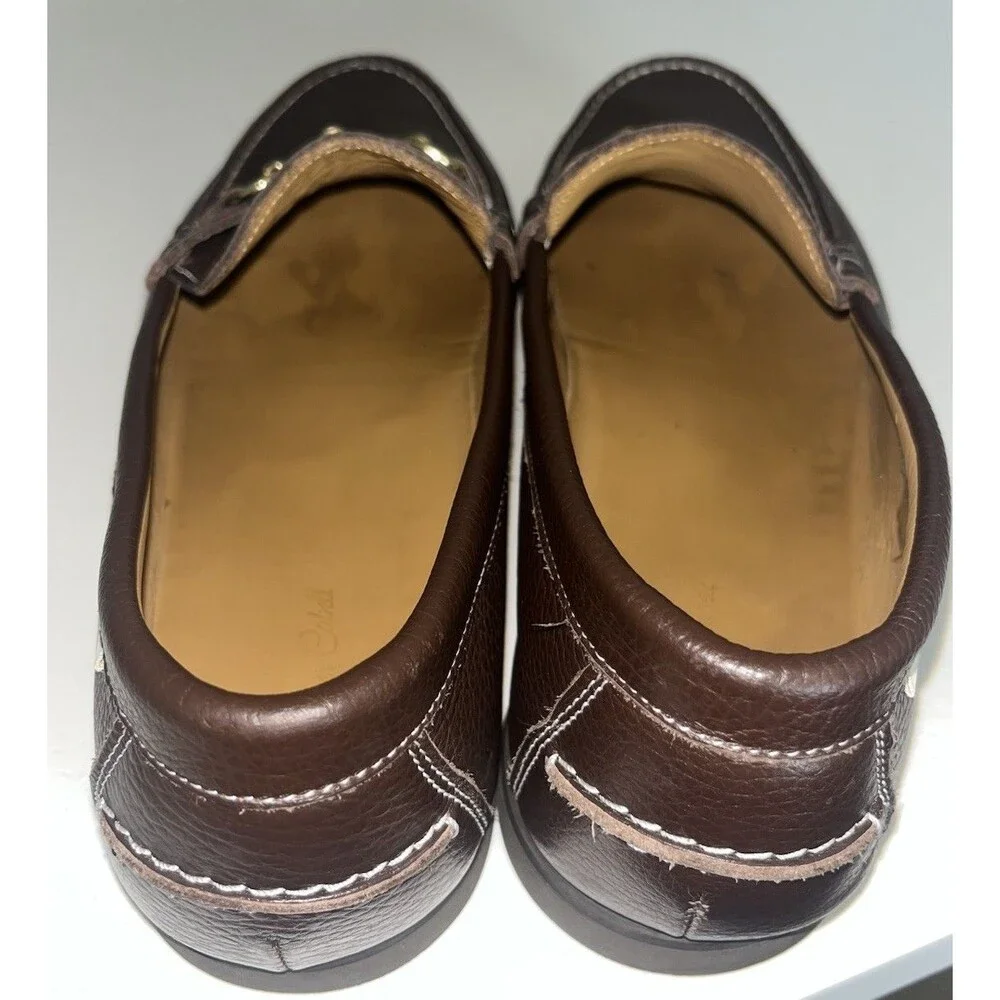 Oliver Cabell Dark Brown Textured Leather Gold Horsebit Boat Shoe Loafers (45)